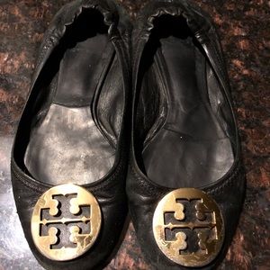 Tory Burch Black Leather Reva Flat w/Gold